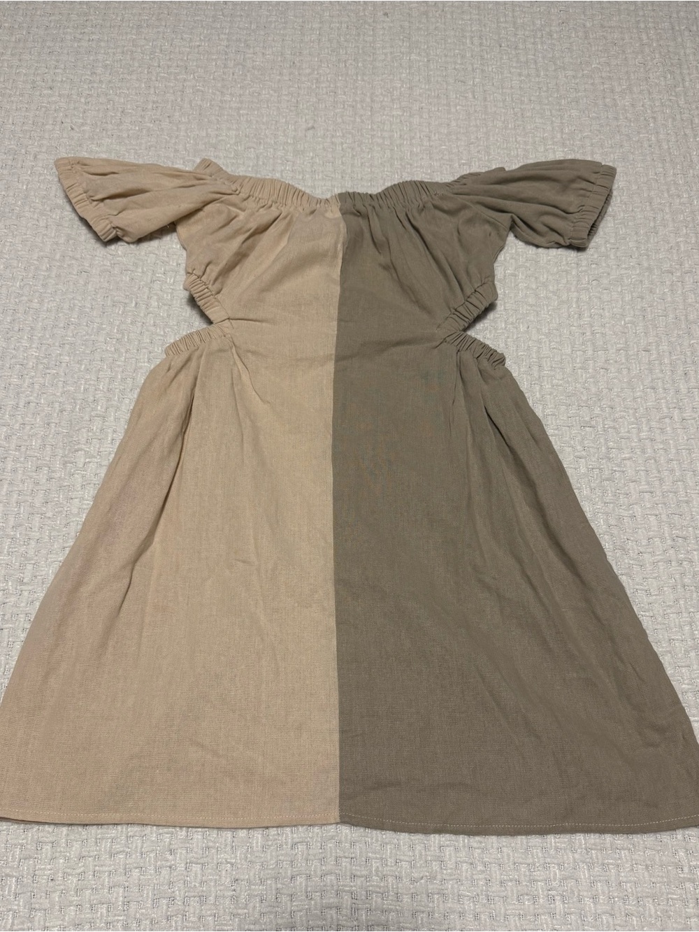 Missguided off the shoulder dress in tan and brown, US size 6